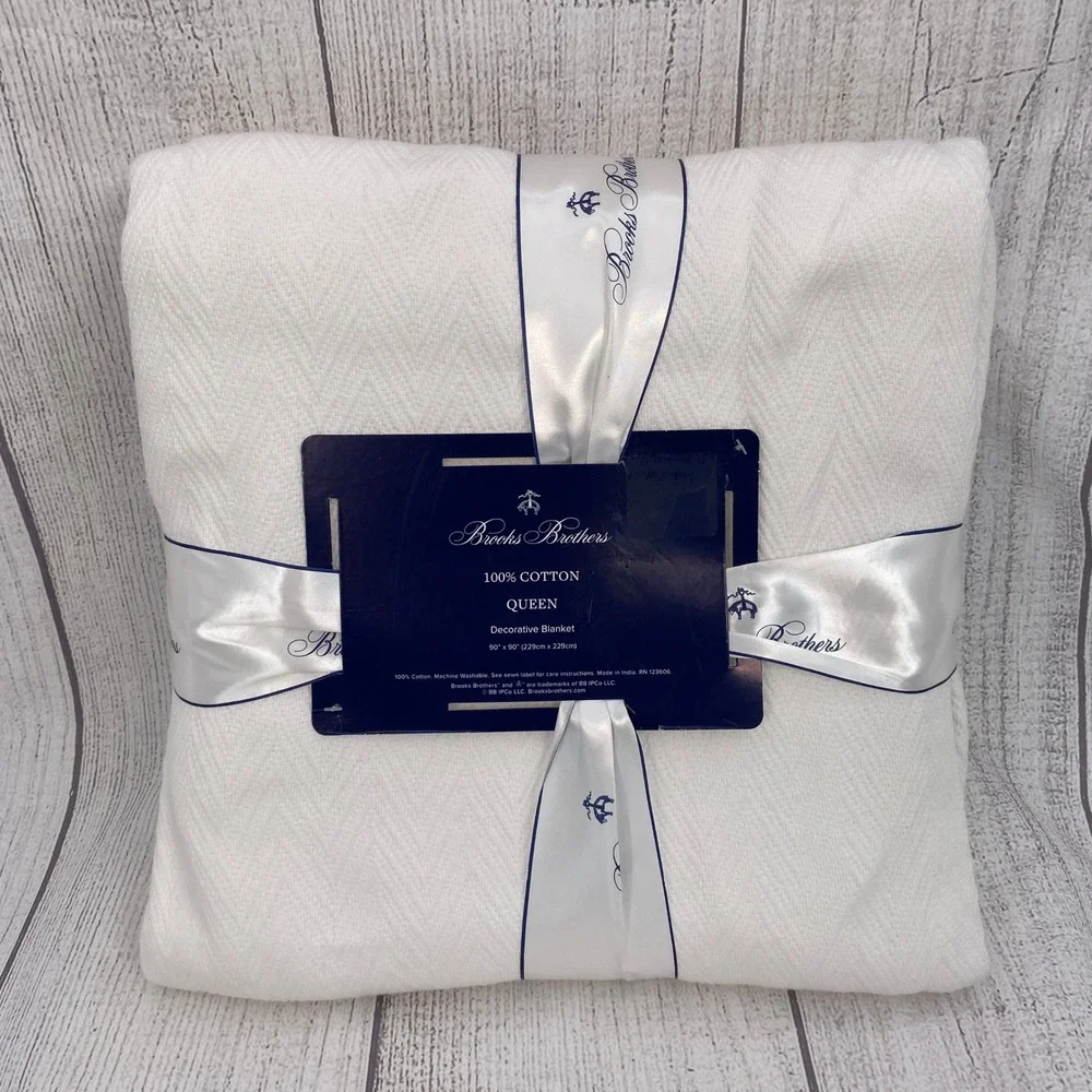 Brooks Brothers Cotton Blanket Queen White Herringbone Weave Crisp Classic